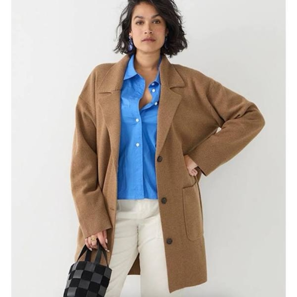 J CREW WOOL SWEATER JACKET OVERSIZED BUTTONS POCKETS CAMEL SZ MED